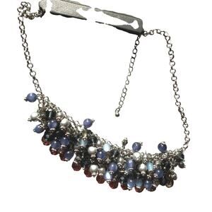 Necklace Cluster bib Blues and silver beads flower pin silver tone  designs